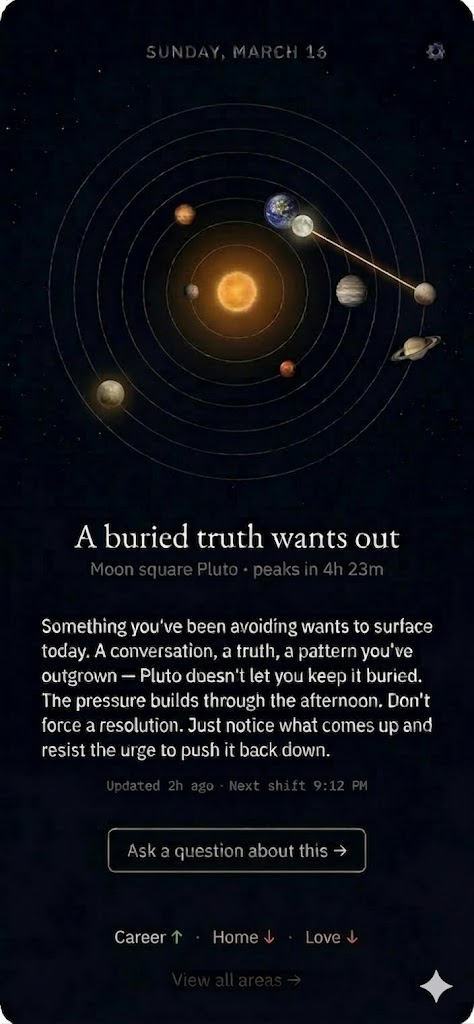 YOMI app showing real-time planetary transit reading with interactive orrery